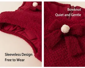 Detail of red tweed girl dress showing sleeveless cut and quilted lining with bow decoration