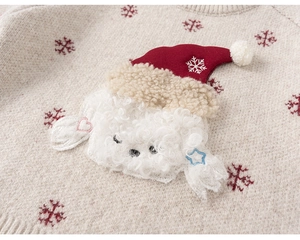 Detail of knit sweater with 3D puppy patch, red snowflake pattern and soft wool texture