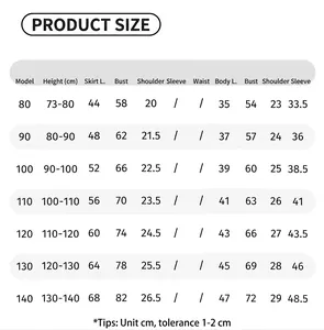 Detailed size chart for girls winter dress set showing measurements from height 73cm to 140cm
