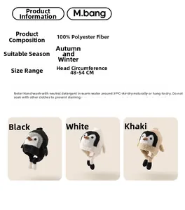 Detail specifications for kids penguin knit hat showing sizes, fabric and colors