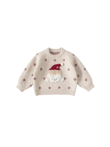 Kids cream knit sweater featuring red snowflake patterns and a 3D festive dog motif