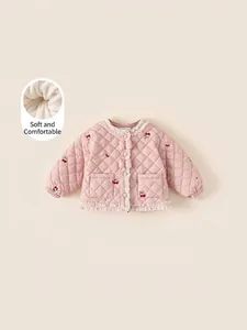 Veste Rembourrée Matelassée Rose Douce pour Filles Manteau d'hiver Doublé en Polaire Épaissie Avec Broderie Cerise