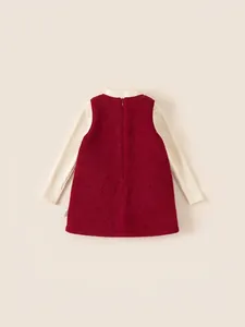 Elegant two-piece red sleeveless dress set with beige long-sleeve knit top for girls