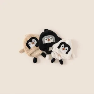 Cute penguin plush earflap hats for kids in beige, black and creamy white colors