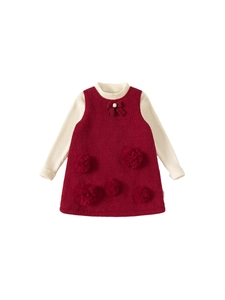 Elegant red tweed sleeveless dress with white knit sweater two-piece set for girls