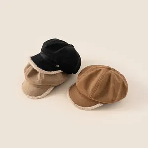 Kids Newsboy Cap Vintage Polyester Beret Hat With Plush Trim For Boys Girls Warm Winter Painter Hat Adjustable