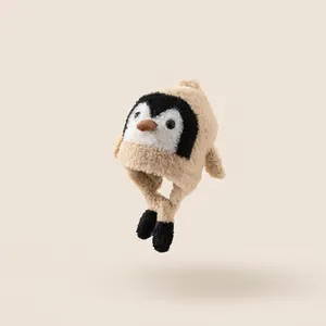 Cute penguin style plush earmuff hat for kids with windproof khaki faux fur design