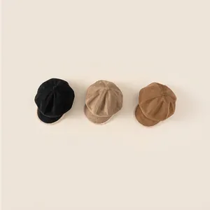 Kids vintage suede newsboy hats in black, khaki and brown with soft plush trim