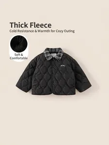 Childrens Boys Winter Quilted Padded Jacket Fleece Lined Warm Coat With Plaid Collar And Letter Embroidery Black Outwear