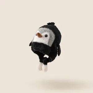 Cute penguin cartoon plush hat for children with long earflaps and warm faux fur lining