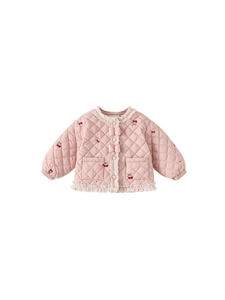 Veste d'hiver matelassée rose pour filles avec broderie cerise et jolis nœuds