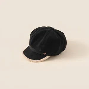 Classic black newsboy hat for kids with brown faux fur trim and gold metal R detail