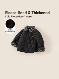 Quilted black winter coat for kids with BOBO embroidery and checkered collar detail