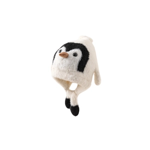 Cute penguin knit hat for kids with earflaps and pom-poms for winter warmth