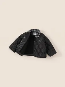 Quilted black kids winter jacket with plaid collar and BOBO embroidery for boys