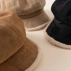 Kids vintage octagonal beret hats in brown and khaki with soft faux fur brim trim
