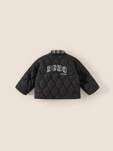 Kids black diamond quilted winter jacket with grey plaid collar and back embroidery
