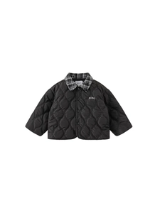Black onion-quilted kids jacket with checkered collar and BOBO embroidery detail
