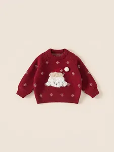 Girls red Christmas knitted sweater with 3D puppy motif and white snowflake patterns