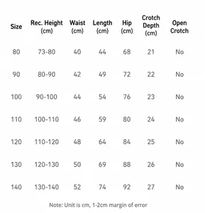 Detailed size chart for kids winter plush thermal pants showing height and waist measurements