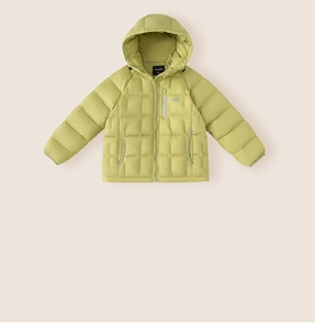 Detailed close-up of hooded down jacket with zipper pocket and diamond quilting