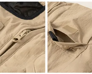 Detail of khaki cargo vest showing smooth zipper and tactical flap pockets for kids
