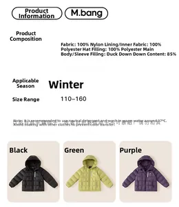 Detailed chart for boys hooded down jacket showing 85% duck down specs and colors