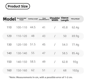 Detailed size chart for kids hooded down jacket showing measurements and down fill weights