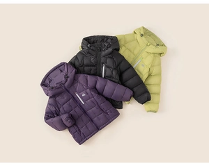 Flat lay of three quilted hooded down jackets in purple, black, and light green colors