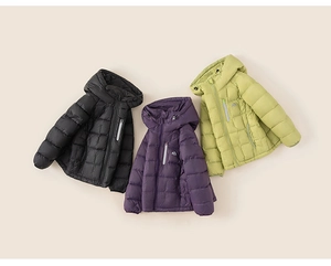 Detail view of water-resistant kids hooded down jackets in black, purple, and green colors