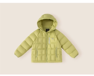 Detailed view of kids hooded puffer jacket featuring square quilting and zip pockets