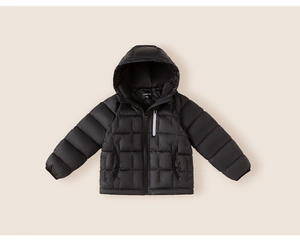 Close-up of kids black down jacket with reflective zipper pocket and windproof fabric