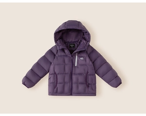 Detail of purple hooded down jacket with quilted texture and chest zipper pocket