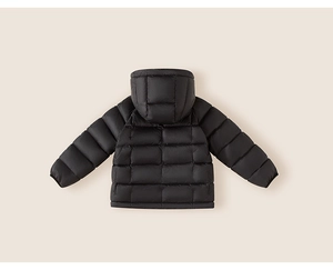 Detailed back view of black hooded down jacket with horizontal quilted puffer design