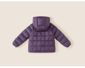 Detail view of purple hooded down jacket for boys with square quilted pattern on back