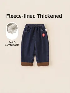 Kids Boys Girls Winter Fleece Lined Denim Jeans Warm Thickened Denim Pants Embroidery Corduroy Patchwork Toddler Trousers