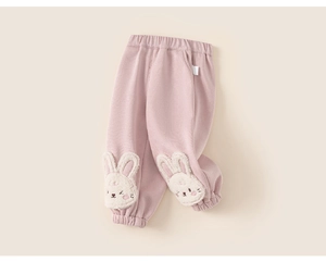 Detailed view of pink toddler joggers with plush bunny patches and elastic waistband