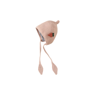 Pink knit earflap beanie for toddlers featuring strawberry appliques and leaf-tipped ties