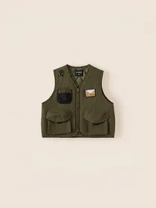 Kids' olive green utility vest jacket with multi-pocket design and zipper closure