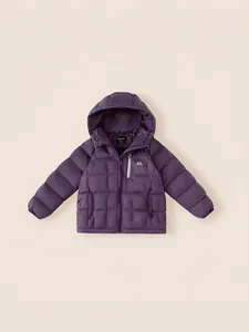 Kids purple hooded down jacket with quilted design and front zip pockets for winter warmth