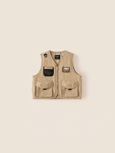 Children's khaki multi-pocket utility vest with warm quilted lining and durable fabric