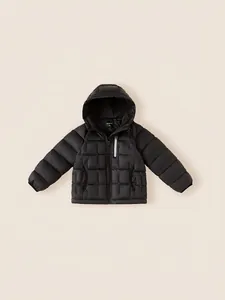 Kids black hooded down jacket with square quilting and a zip chest pocket for winter warmth