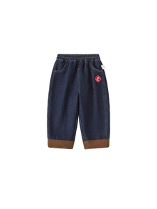 Boy's thermal denim jeans with fleece lining and red cloud embroidery for New Year