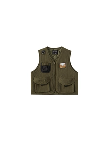 Kids army green utility vest with multi-pockets and mountain embroidery for boys