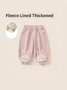 Girls Winter Fleece Lined Pants Cute Cartoon Rabbit Embroidery Warm Trousers Elastic Waist Soft Cotton Joggers For Kids