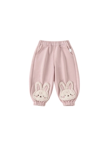 Pink fleece lined toddler joggers with cute 3D bunny patches and elastic waist