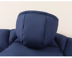 Close-up of dark blue hooded puffer jacket featuring windproof fabric and warm padding