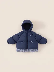 Girls Thickened Winter Hooded Padded Coat Navy Blue Quilted Jacket With Bow Decor And Checkered Ruffle Hem For Kids
