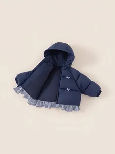 Thick navy hooded jacket for girls featuring checkered ruffle hem and bow details