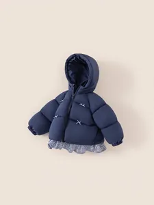 Navy blue hooded puffer coat for girls with white bows and plaid ruffled hem